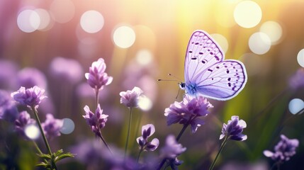 Poster - Selective soft focus captures spring s artistic beauty a purple butterfly dances on wild white violets bathed in sunlight