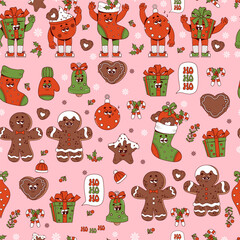 Wall Mural - Groovy Hippie Retro Christmas festive seamless pattern with cartoon characters gifts, stocking, gingerbread, Xmas ball, bell on pink background. Merry Christmas and Happy New year vector background.