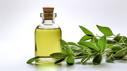 Aufkleber - Sage leaves on white background with essential oil bottle