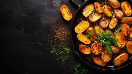 Poster - Potato wedges cooked in frying pan on dark stone background with space for text