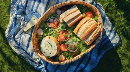 Aufkleber - Top view of picnic basket and healthy sandwiches on blue blanket