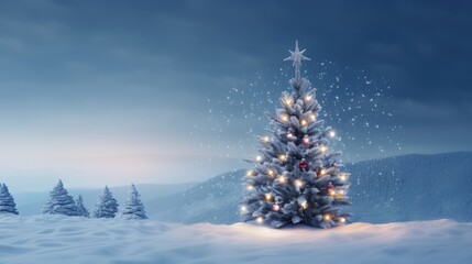 Aufkleber - Snowy landscape with lit Christmas tree ideal for holiday greeting card