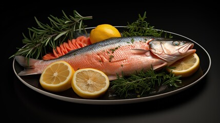 Poster - red fish fillet served with lemon and rosemary on a plate