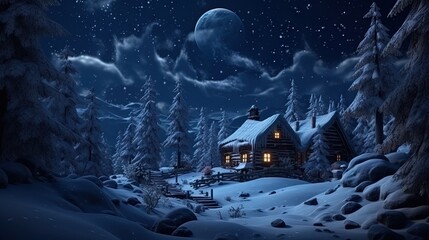 Poster - Winter night forest scene with a house in the mountains snow and a moonlit sky creating a magical Christmas atmosphere