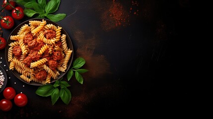 Poster - Top view of fusilli pasta with meatballs in tomato vegetable sauce garnished with herbs and grated cheese on a dark background with space to copy