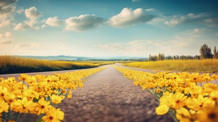 Wall Mural - Vintage toned Instagram filtered picture of a deserted road and yellow flowery field