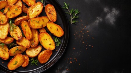 Poster - Potato wedges cooked in frying pan on dark stone background with space for text