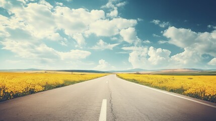Aufkleber - Vintage toned Instagram filtered picture of a deserted road and yellow flowery field