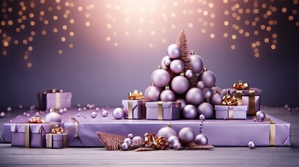 Wall Mural - Décoration de Noël avec un sapin et des boules de couleur violette.