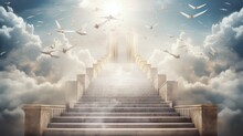 Stairs Of Clouds Going Up To The Sky With Light In The Background And Cross With White Doves Flying Around