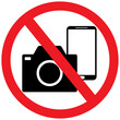 No cameras, no mobile phones allowed sign icon, no photography or video, prohibition sign in red color symbol. Crossed out circle illustration, no taking pictures or video graphic design.