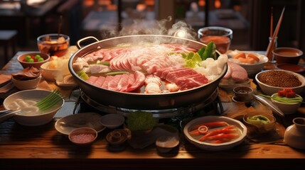 Poster - Popular Japanese dish of meat seafood and veggies served on a table with a boiling pot in a restaurant