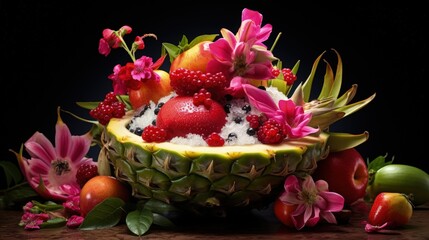 Poster - Serving exotic fruit salad in a dragon fruit half on palm leaves with tropical flowers