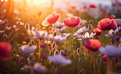 Wall Mural - Flower field in sunlight, spring or summer garden background in closeup macro.