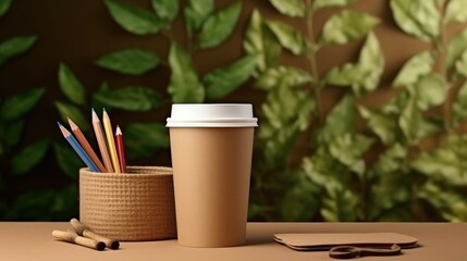 Poster - Zero waste school concept with eco friendly biodegradable materials Includes paper cup pencils leaves and recycled stationery Copy space available