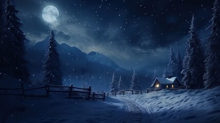 Poster - Winter night forest scene with a house in the mountains snow and a moonlit sky creating a magical Christmas atmosphere