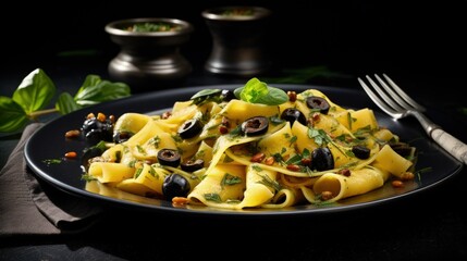 Leinwandbilder - Vegan zucchini pasta with black olives and capers on a black plate
