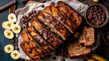 Poster - Vegan chocolate banana bread a healthy breakfast recipe sliced from the top