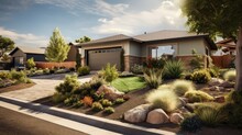 Suburban Home Shown With Xeriscape Landscaping On Streetview