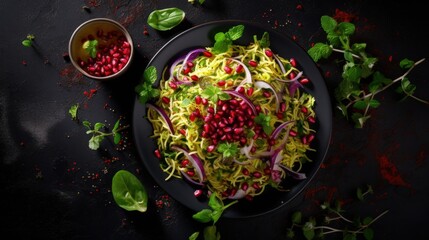 Leinwandbilder - Top view of vegan salad on black kitchen table with red cabbage parsley pomegranate seeds sunflower sprouts and olive oil dressing