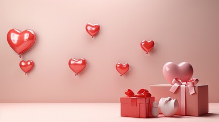 Poster - Valentine s Day decoration with gift box heart shaped balloon and copy space