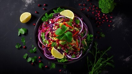 Leinwandbilder - Top view of vegan salad on black kitchen table with red cabbage parsley pomegranate seeds sunflower sprouts and olive oil dressing