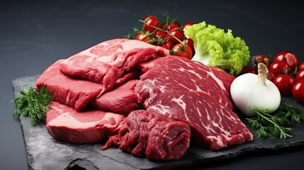 Poster - Various delicious plant based meat alternatives and lettuce on a gray table close up Room for writing