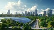 Urban solar panel factory with eco friendly city landmarks