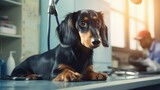 Fototapeta Zwierzęta - Veterinarian examining a brown dachshund on a table with owner s support using a stethoscope