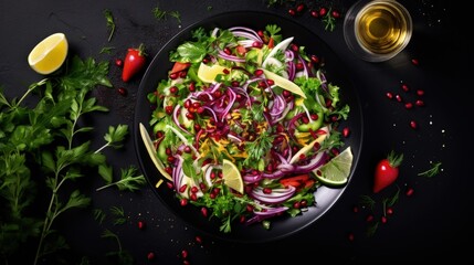 Leinwandbilder - Top view of vegan salad on black kitchen table with red cabbage parsley pomegranate seeds sunflower sprouts and olive oil dressing