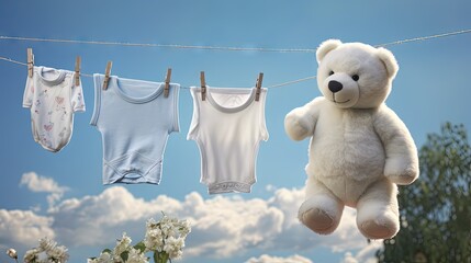 White toy bear and baby boy clothing hanging on a line