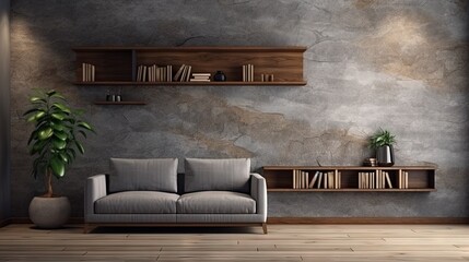 Aufkleber - Stone walled room with wooden accents bookshelf sofa plant vase table carpet decor