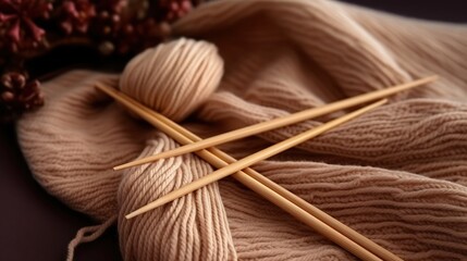 Poster - Woman s knitting hobby beige yarn and needles