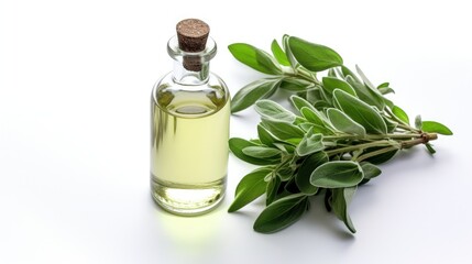 Poster - Sage leaves on white background with essential oil bottle