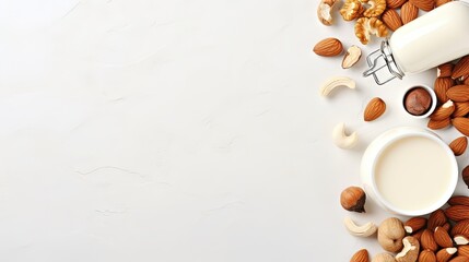 Aufkleber - Text space available on flat surface with vegan milk and assorted nuts