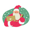 Modern flat vector illustration of cheerful Santa Claus, holding laptop and debit credit card, wearing red clothes on xmas background 
