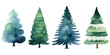 Watercolor Christmas trees vector set, decorated lights on white background