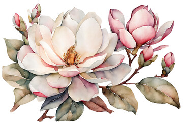 Elegant watercolor magnolia flowers. Floral botanical illustration