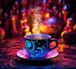 Sticker - A cup of coffee with a colorful design on it, AI