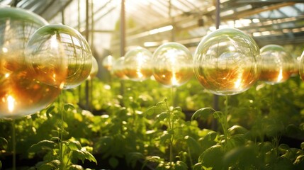 Poster - A greenhouse with many glass orbs hanging from plants, AI