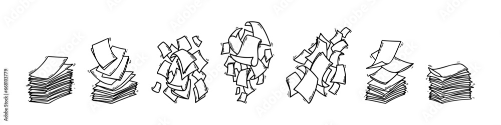 Paper Heap Set of stack of paper pages line art. Blank sheets. Hand drawn doodle ...