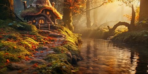 Wall Mural - a small fairy tale house in dark fantasy autumn forest, miniature woodland cottage made by gnomes an