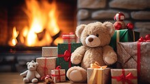 Stuffed Brown Bear Toy In Warm And Cozy Fireplace Cottage Living Room With Christmas Decorations, Surrounded By Wrapped Gifts And Wonderful Presents. Wonderful Wholesome Joyous Xmas Holiday.