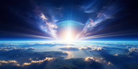 Wall Mural - panoramic view on planet earth globe from space with rising sun. glowing city lights, light clouds. 