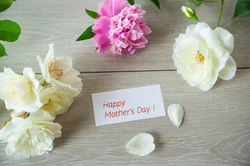 Sticker - bouquet of summer white roses and peonies on wooden table