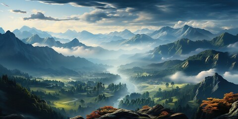 Wall Mural - Breathtaking panorama of morning wild nature high in mountains