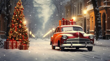 Stylish Retro Car With Christmas Gifts And A Christmas Tree On A Snowy Road. Holiday Concept, Surprise. Christmas.