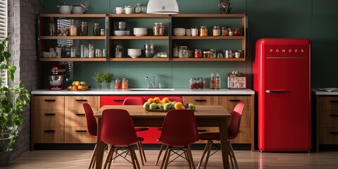 Poster - Interior of kitchen with red fridge, counters, shelves, table and chairs