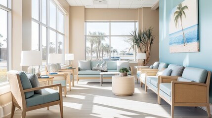 Canvas Print - A waiting room with blue walls and chairs, AI