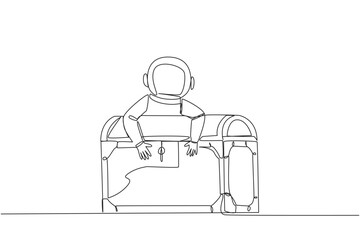 Poster - Single continuous line drawing young astronaut hugging treasure chest. Securing the chest, because there could be a lot of gold pieces inside. Richest astronaut. One line design vector illustration